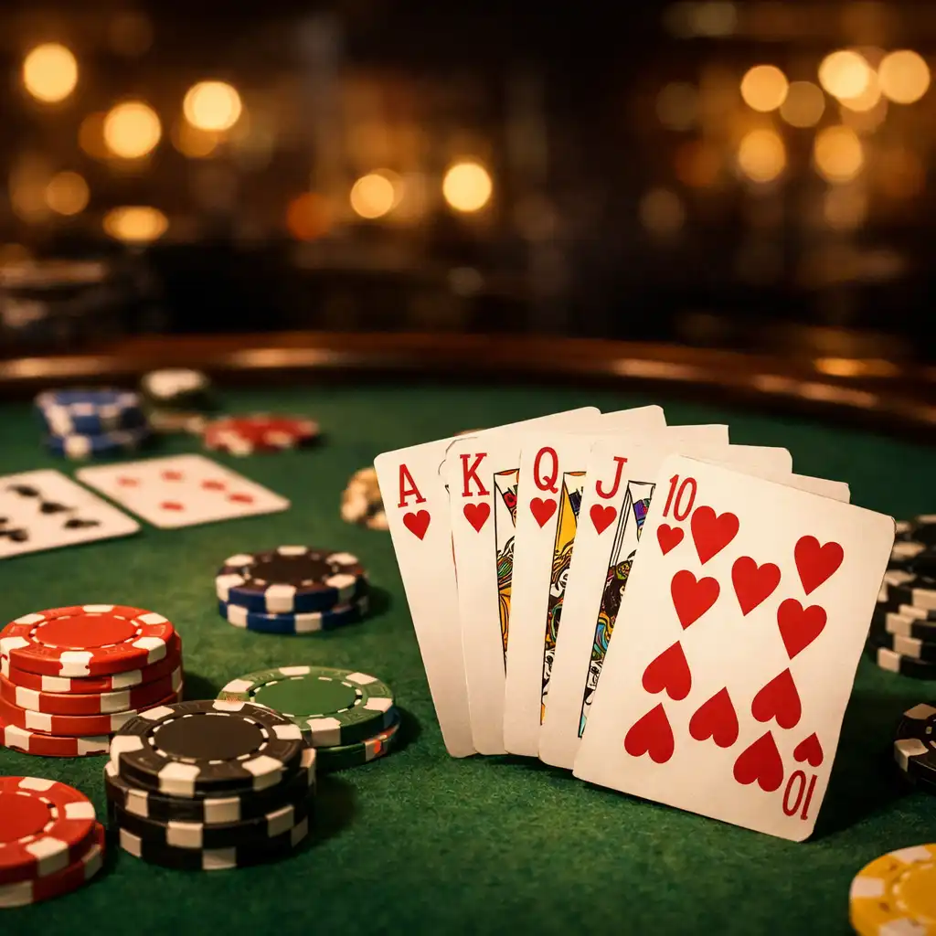 Detail pokerového stola s kartami a žetónmi