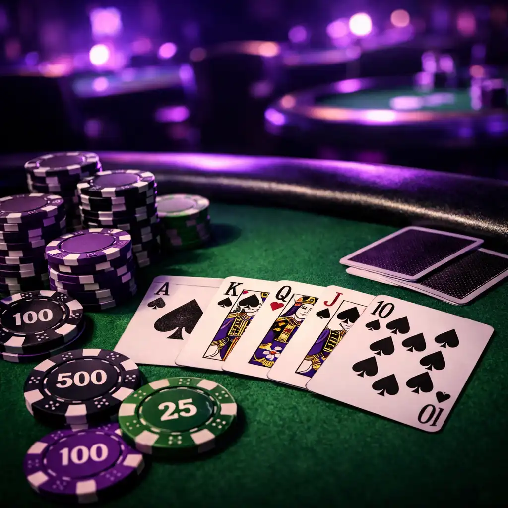 Pokerový stôl s kartami a žetónmi